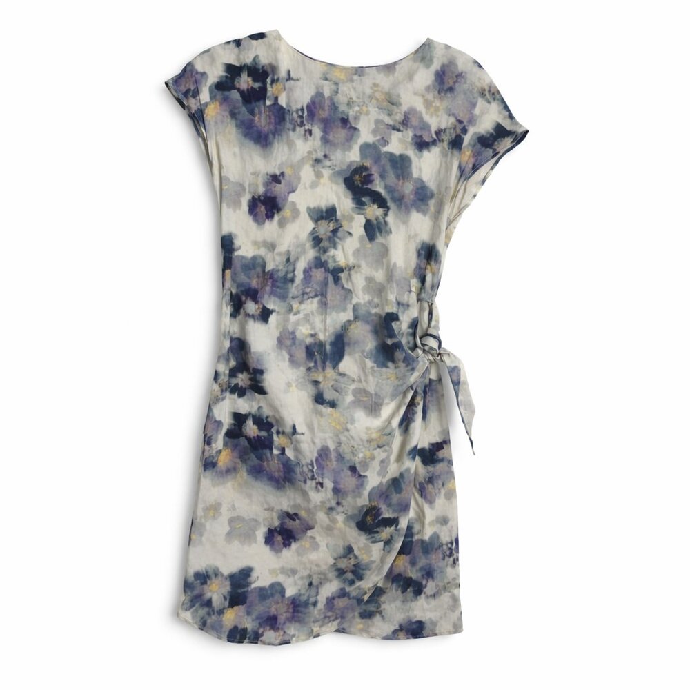 Creatures of Comfort Silk Linen Floral Wrap Dress XS Blue Gray Watercolor Mini